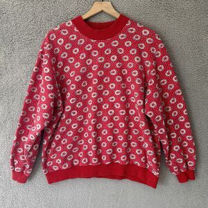 Vintage 80s Christmas Sweatshirt Womens L XL Red Holiday Wreaths Grannycore Cozy